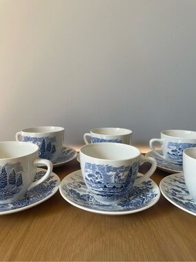 Vintage Midcentury Wedgwood Countryside Scenic Cups & Saucers England Set of 6